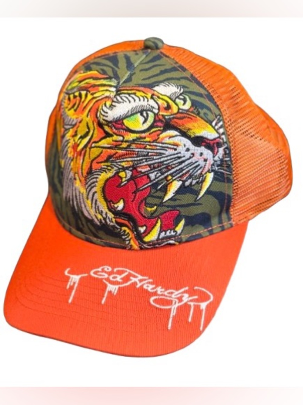 Ed Hardy Screaming Tiger Trucker Hat Unisex (Orange/Olive) - NWOT